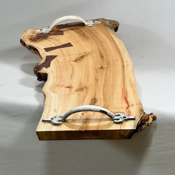 Red Box Elder Tray/Charcuterie Board with Handles and Bow Tie Inlays