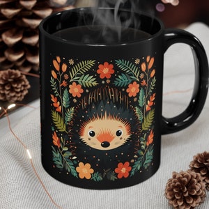 Enchanted Forest Porcupine Vintage Mug - 11oz Black Ceramic Coffee Mug, Unique Gift, Cottagecore Gift, Animal Lover Gift, Vintage Aesthetic