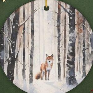Snowy Forest Fox Ceramic Ornament, Christmas Gift, Enchanted Forest Design, Unique Gifts, Woodland Art, Gift for Animal Lover