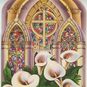 Coleção com curadoria de Mary de 110 ilustrações de meados do século com janelas de igreja decoradas adornando frentes de cartões vintage