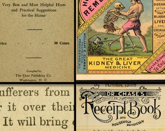 Könnte beinhalten: Ein Vintage-Buchcover mit dem Titel "Dr. Chase's Receipt Book and Household Physician". Das Cover ist gelb mit schwarzem Text und Illustrationen. Das Buch ist eine "Dritte Letzte und Vollständige Ausgabe" und enthält "Praktisches Wissen für das Volk".