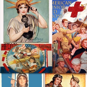 Könnte beinhalten: Eine Collage aus vier Vintage-Postern mit patriotischen Motiven. Das obere linke Poster zeigt eine Frau in einem weißen Kleid, die ein Telefon hält, das obere rechte Poster zeigt eine Gruppe von Menschen, die eine Rotkreuzflagge halten, das untere linke Poster zeigt eine Frau in Rüstung, die ein Schwert hält, und das untere rechte Poster zeigt zwei Männer, die sich vor einem Flugzeug die Hand schütteln.