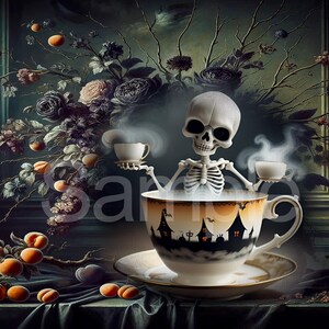 May include: A white skeleton sits inside a large teacup decorated with a black silhouette of a haunted house. The skeleton holds two smaller steaming teacups. The scene includes a dark floral arrangement and scattered orange fruits on a cloth.
