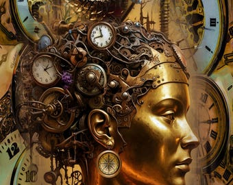 May include: A golden-toned steampunk-style artwork featuring a woman's profile with intricate clockwork elements integrated into her head. Multiple clocks and gears surround the figure, creating a surreal and detailed composition. The background is a blend of sepia tones.