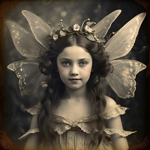 Puede incluir: Una niña joven con el pelo largo y castaño y una delicada corona floral lleva un vestido blanco con encaje y grandes alas de mariposa translúcidas.