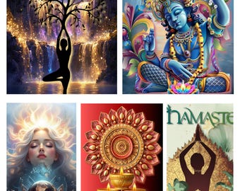 20 Printable Meditation, Yoga and Hindu Art Oracle Cards and Full-Length Vintage digital Yoga books