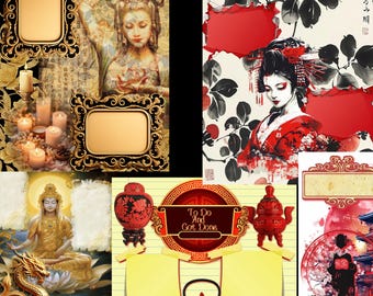 9 Asian Red, Black, Gold Journal Layouts - 8x10"