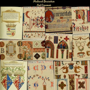 May include: A collage of images depicting medieval decoration and ornament. The images feature ornate lettering, decorative borders, and architectural details. The text in the images reads "Documents du Doyen-Age XIV siecle", "Fnementation des anuscrits au Moyen-Age", and "Documents du Doyen-Age Fill siecle".