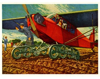May include: A red airplane with a blue and white interior is landing on a dirt field. The plane has a unique landing gear with multiple wheels. A man in a suit is waving goodbye to the plane, while another man in a blue shirt is watching from a distance.