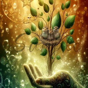 Puede incluir: Arte digital de un árbol con tres pájaros en un nido, sostenido en una mano detallada. El fondo presenta una luna creciente, estrellas y burbujas, con una paleta de colores dorados, verdes y marrones.