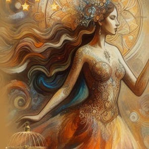 May include: An artistic digital painting of a woman with long flowing brown hair and a patterned bodice. The woman is surrounded by a warm color palette of oranges, yellows, and browns. Golden stars hang from above, and a birdcage is in the foreground.