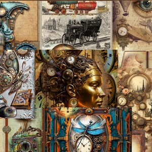 Può includere: Un collage a tema steampunk con varie illustrazioni. L'opera presenta ingranaggi, orologi e un busto dorato. Sono raffigurati anche treni d'epoca, dirigibili e un grande occhio. La tavolozza dei colori comprende marroni, ori e blu.