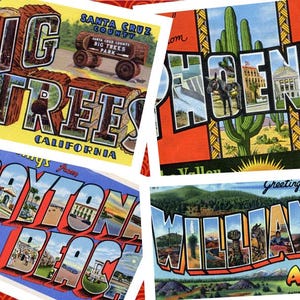 America Writ LARGE - 2300 cartoline con lettere panoramiche vintage - Illustrazioni di cartoline ricordo di stati e città con lettere grandi e decorative