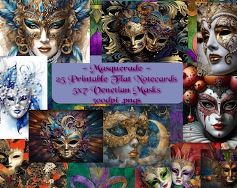 25 tarjetas imprimibles planas de 5x7 pulgadas - Máscaras de carnaval veneciano - Mascarada 1