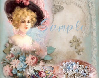 9 Victorian Blue and Pink Journal Page Designs 8x8 inch, 300 dpi lossless .png format