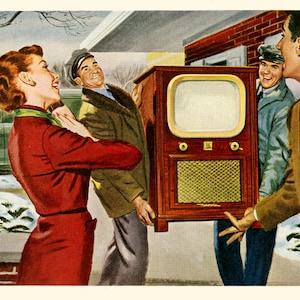 May include: A group of people stand in front of a house with a large wooden television set. The television has a black and white screen and a brown wooden cabinet. The people are smiling and appear to be excited about the new television. The text on the truck reads "Authorised Dealer Motorola TV".
