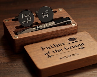 Father of the groom gift , Custom gold wedding cufflinks,tie clip rectangular gift box - personalized cuff links for wedding day
