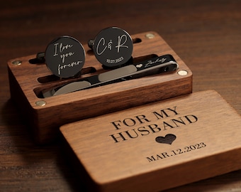 Custom Metal Cufflinks, Birthday Anniversary Gift for Husband，Tie Clip & Rectangle Gift Box - Wedding Day Cuff links Groom Dad Groomsmen
