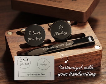 Handwritten metal cufflinks - tie clip and rectangular gift box, wedding day cufflinks for groom, father of groom, husband anniversary gift