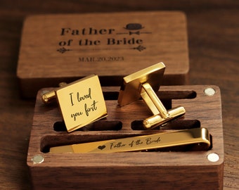 Gold Metal cufflinks, tie clips and rectangular gift boxes - wedding cufflinks, father of the groom, man, best man gifts, anniversary gifts