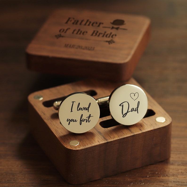 Custom metal cuff links engraved box optional, anniversary gift for husband, custom wedding day cufflinks for groom Father of the groom Round Silver-20mm