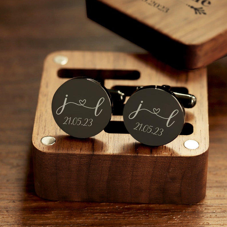 Metal Cufflinks Engraved Box Optional, Custom Wedding Day Cuff links for Grooms men Father of Bride Groom, Valentine's Day Gift Husband image 1