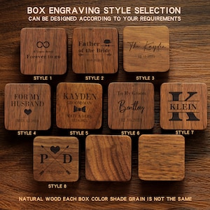 May include: Nine different styles of wooden box engraving designs. The designs include text, dates, symbols, and a heart. The text includes "8 Years Down Forever to Go", "Father of the Bride", "The Kayden", "For My Husband", "Kayden Groomsmant Matt & Sara", "To My Groom Bentley", "Klein", and "PD".