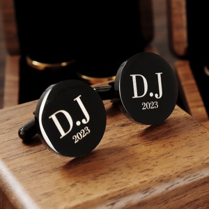 Personalized Cufflinks, Premium Box Optional, Custom Wedding Day Cuff links for Groomsmen Father of the Bride, Anniversary Gift for Husband Round Black -20mm