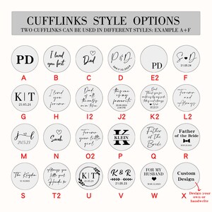 May include: A chart showing different styles for cufflinks. The chart shows 16 different designs for cufflinks, including text, dates, and symbols. The cufflinks are round and have a white background with black text and designs.