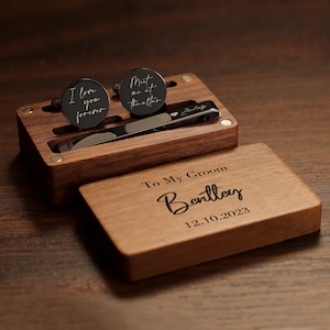 Personalized Metal Cufflinks, Tie Clip &  Gift Box - Wedding Day Cuff links Groom, Fiancé Gifts, Birthday or Anniversary Gift for Husband