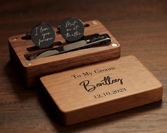 Personalized Metal Cufflinks, Tie Clip &  Gift Box - Wedding Day Cuff links Groom, Fiancé Gifts, Birthday or Anniversary Gift for Husband
