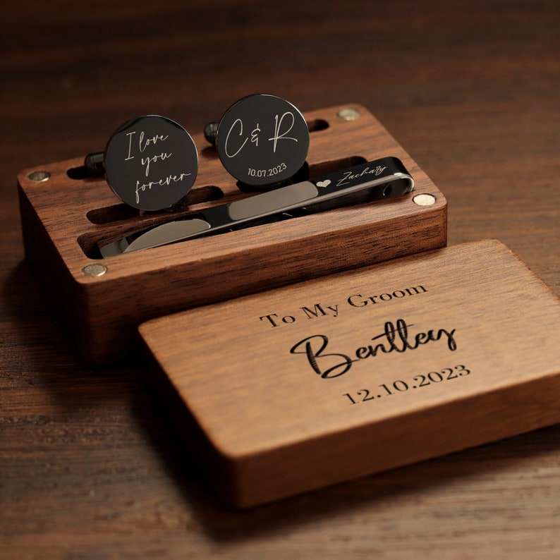 Benutzerdefinierte Hochzeit Manschettenknöpfe, Krawattenklammer rechteckige Geschenkbox personalisierte Manschettenknöpfe für den Hochzeitstag, Geschenk für den Vater des Bräutigams Round Black-20mm