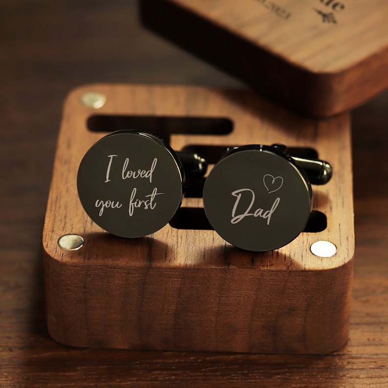 Custom metal cuff links engraved box optional, anniversary gift for husband, custom wedding day cufflinks for groom Father of the groom Round Black-20mm
