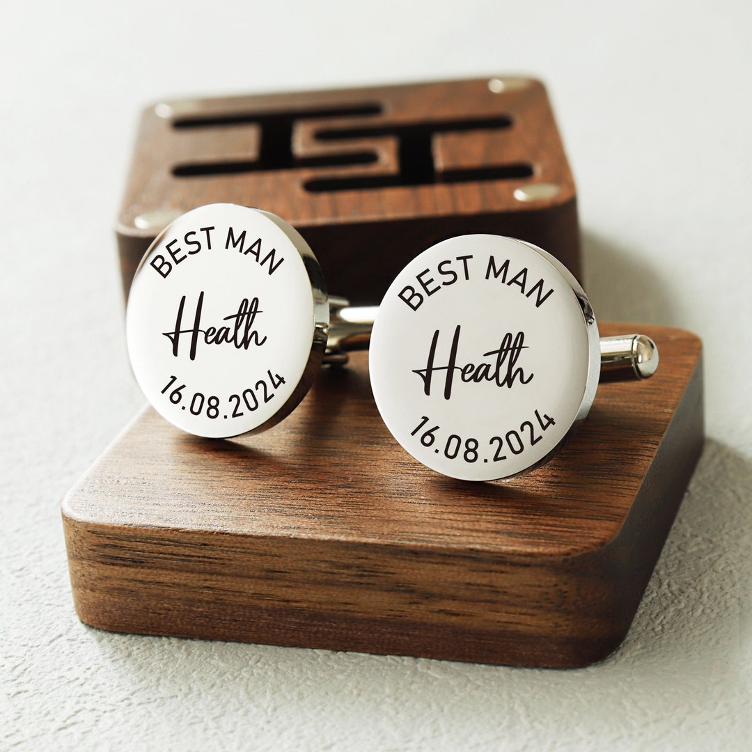 thumbnail interactive-video image 1 of Personalised Wooden Engraved Cufflinks - Wedding Groom Gift With Custom Initials - Alba Laser 1 of 5