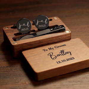 Custom Metal Cufflinks, Tie Clip & Rectangle Gift Box - Wedding Day Cuff links Groom Dad Groomsmen, Birthday Anniversary Gift for Husband