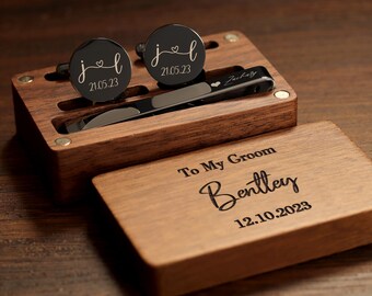 Custom Metal Cufflinks, Tie Clip & Rectangle Gift Box - Wedding Day Cuff links Groom Dad Groomsmen, Birthday Anniversary Gift for Husband