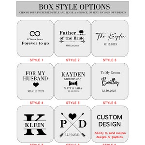 May include: Nine different box styles for personalised gifts. Each box style features a different design, including an infinity symbol, a heart with arrows, a custom design option, and more. The text on the boxes includes names, dates, and messages.