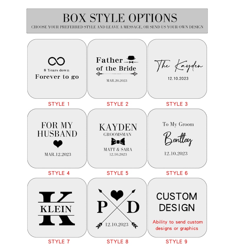 May include: Nine different box styles for personalised gifts. Each box style features a different design, including an infinity symbol, a heart with arrows, a custom design option, and more. The text on the boxes includes names, dates, and messages.