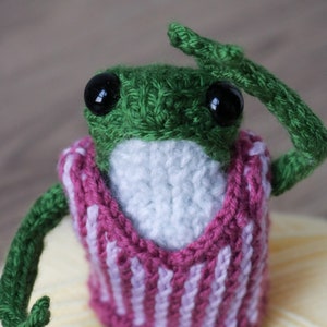 May include: A handmade green crochet frog with large black eyes, wearing a pink and white striped vest. The frog is posed with one arm raised. A whimsical, soft toy.