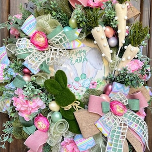 Easter Bunny Wreath: Moss Bunny, Pastel Eggs, Floral Door Decor