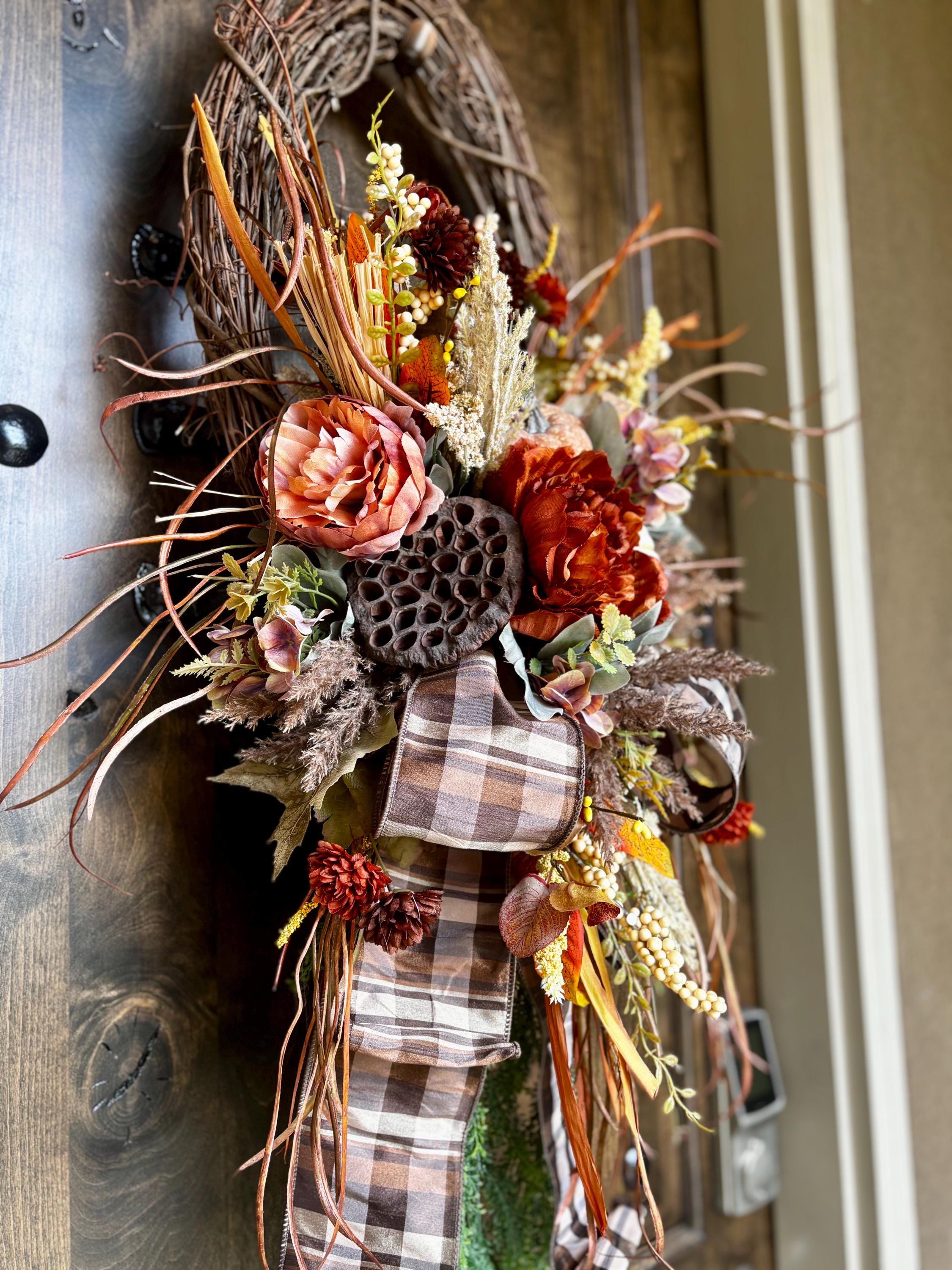 Fall Wreath for Front Door, Fall Pumpkin Wreath, Neutral Fall Grapevine ...