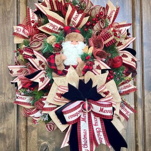 Rustic Santa Christmas Wreath: Buffalo Check Holiday Door Decor