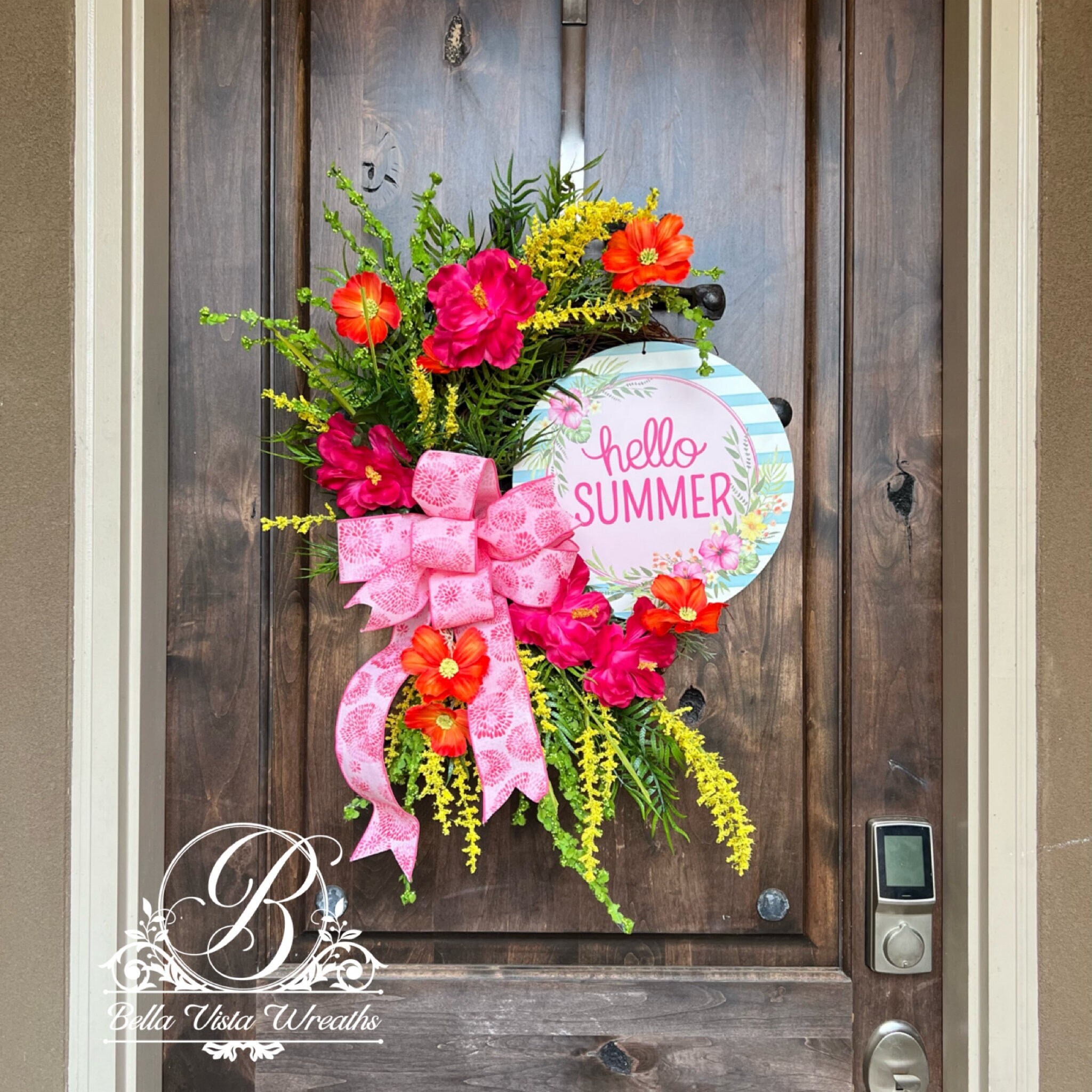 Tropical Summer Door Wreath: Pink Hibiscus, Hello Summer Sign - Etsy