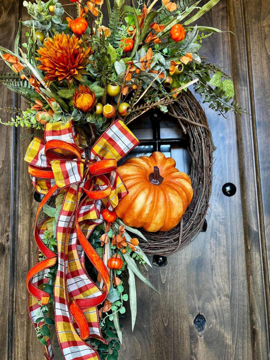 Pumpkin Fall Wreath for Front Door – Rustic Autumn Wreath With Plaid ...