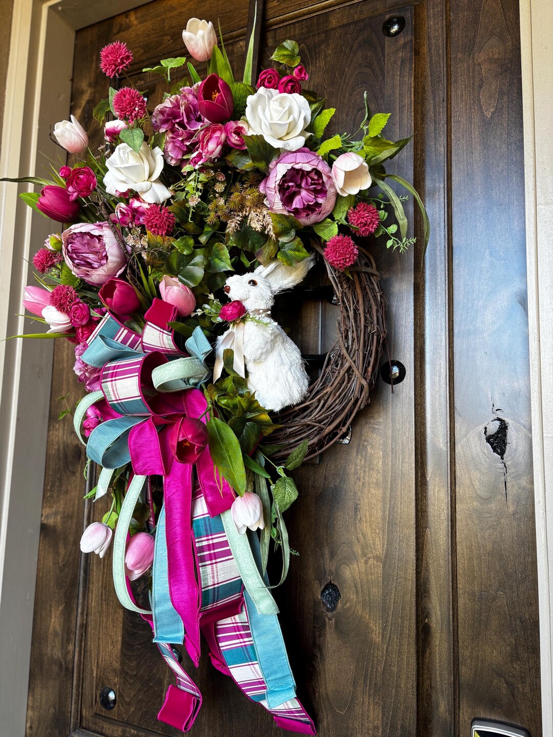 Easter Bunny Wreath: Pink Tulips, Roses & Peonies, Spring Door Decor - Etsy