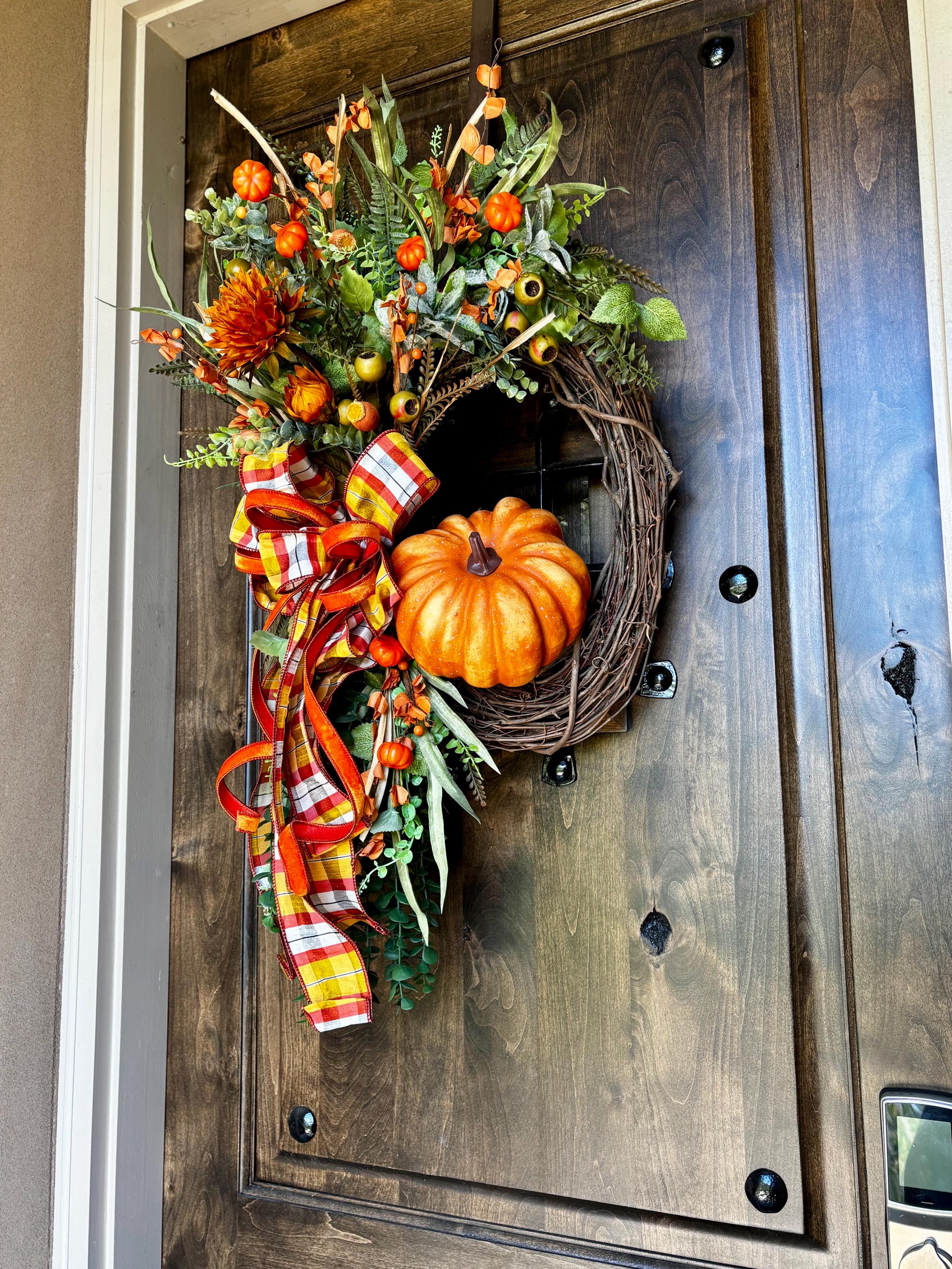 Pumpkin Fall Wreath for Front Door – Rustic Autumn Wreath With Plaid ...