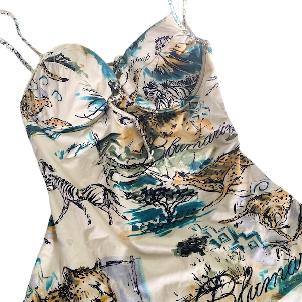Beautiful Vintage 90’s Blumarine Swimsuit Rare Safari Themed Animals Summer Open Back Runway Archive Statement Designer Collectible
