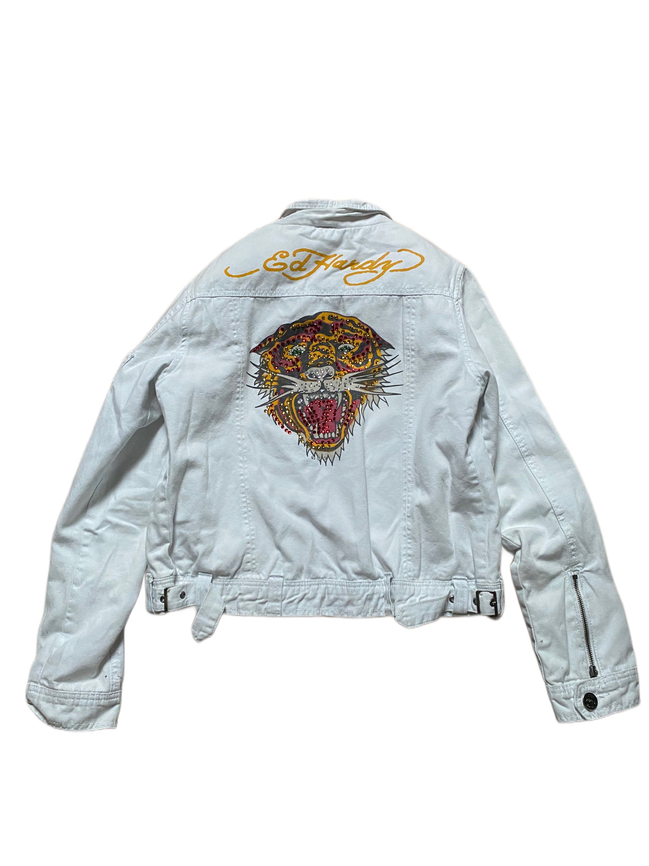 Increible vintage ED HARDY Y2k 2000 s chaqueta bomber de mezclilla blanca tigre adornado cristales utilidad carga declaracion mujer rara iconica Etsy Espana