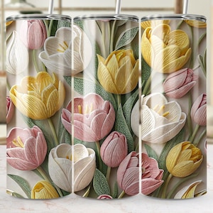 Papier d&#39;emballage tulipe, verre skinny 20 oz, motifs floraux printaniers, papier d&#39;emballage fleur PNG, téléchargement numérique, sublimation florale