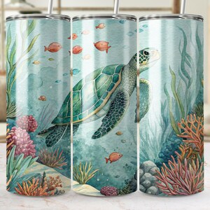ウミガメのタンブラーラップ PNG、20オンスの昇華デザイン、海洋水族館、水彩画の海中動物、海の生き物のタンブラーデザイン